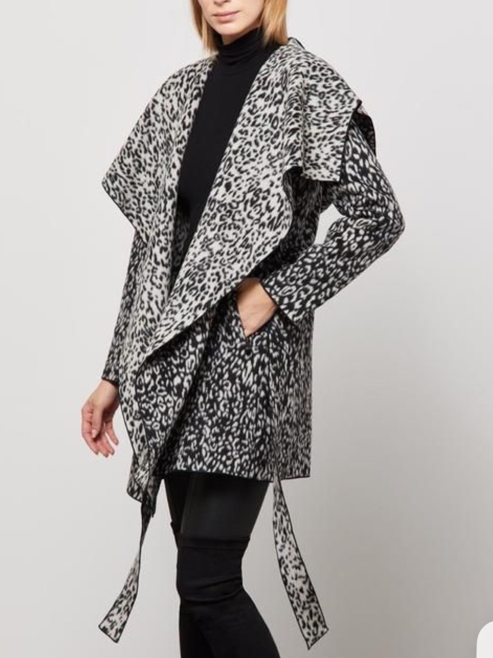 BCBGMAXAZRIA Black & White Leopard Hooded Wool Blend Wrap Coat XS NWT
